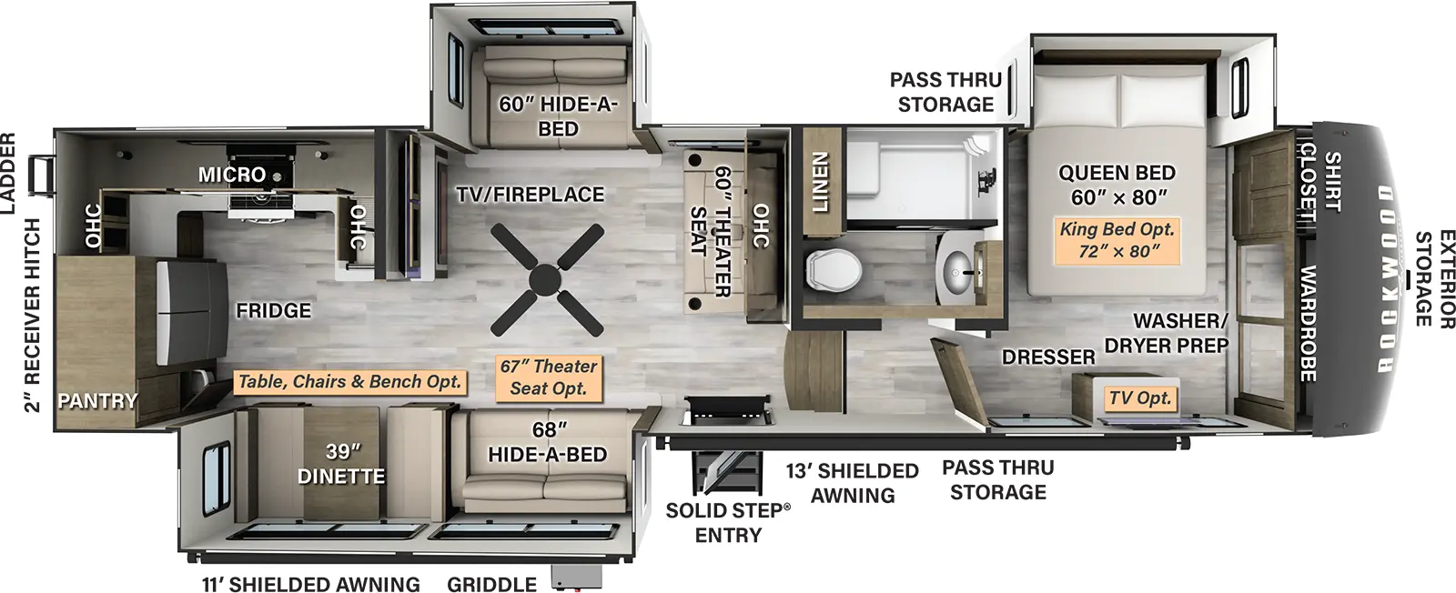 The 371RK has three slides and one entry door. Exterior features include an 11 foot shielded awning and 13 foot shielded awning, solid step entry, pass through storage, exterior storage, griddle, rear ladder, and 2 inch receiver hitch. Interior layout front to back: Queen bed off door side slideout, front wardrobe with washer/dryer prep, shirt closet, and dresser (optional TV and king bed); side aisle full bathroom with linen closet; steps down to main living area; theater seat with overhead cabinet along inner wall; off-door side slideout with hide-a-bed sofa, TV/Fireplace opposite theater seat, and paddle fan; door side slideout with hide-a-bed (theater seating optional) and dinette (table, chairs & bench optional); peninsula kitchen counter with sink and overhead cabinet wraps to off-door side with microwave and cooktop, and continues to wrap to the rear with refrigerator and pantry.